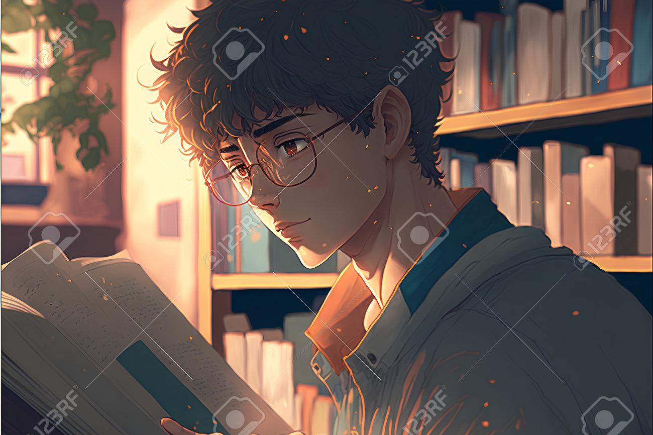 Portrait Of A Young Man Reading Book In Library Image