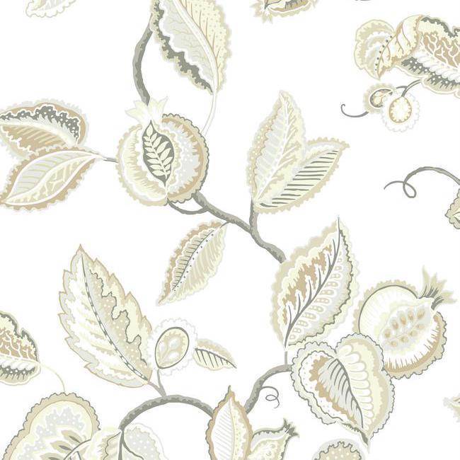 Wallpaper Waverly Fantasy Fleur Jacobean Floral Grey Tan Beige Taupe