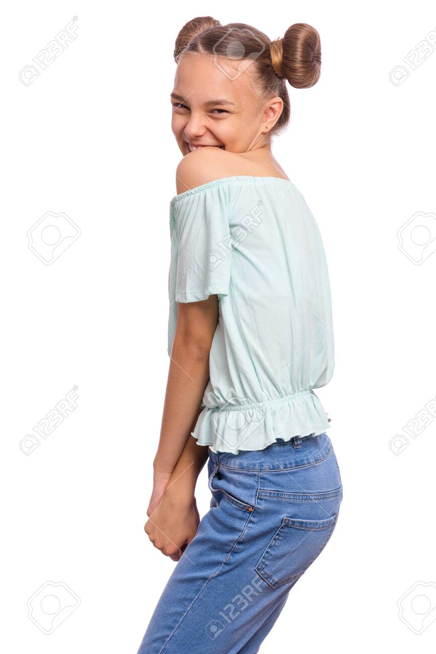 Shy Embarrassed Teen Girl Isolated White Background Smiling