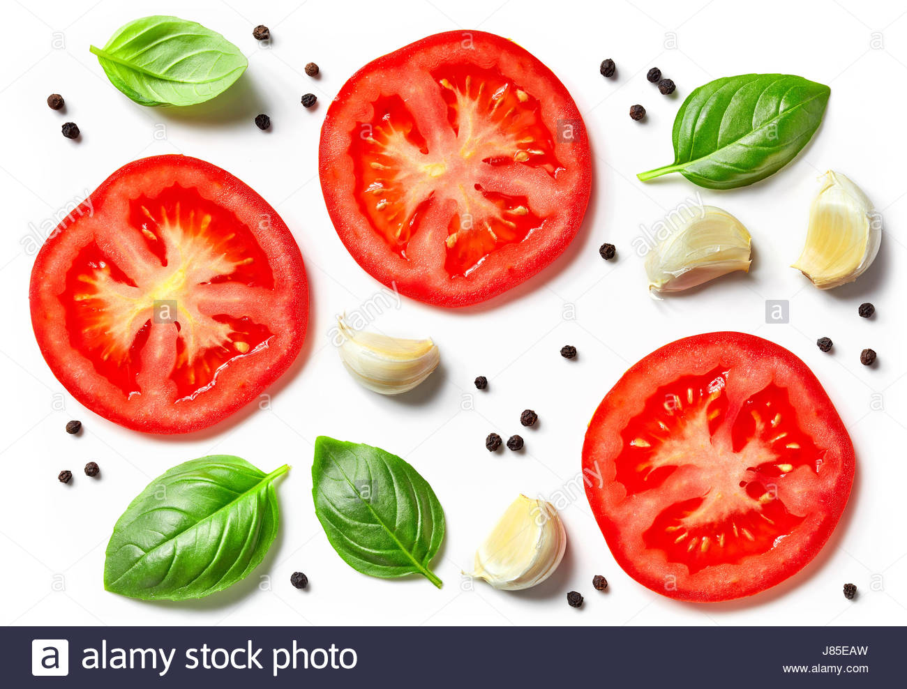 Tomato Garlic And Basil Isolated On White Background Top