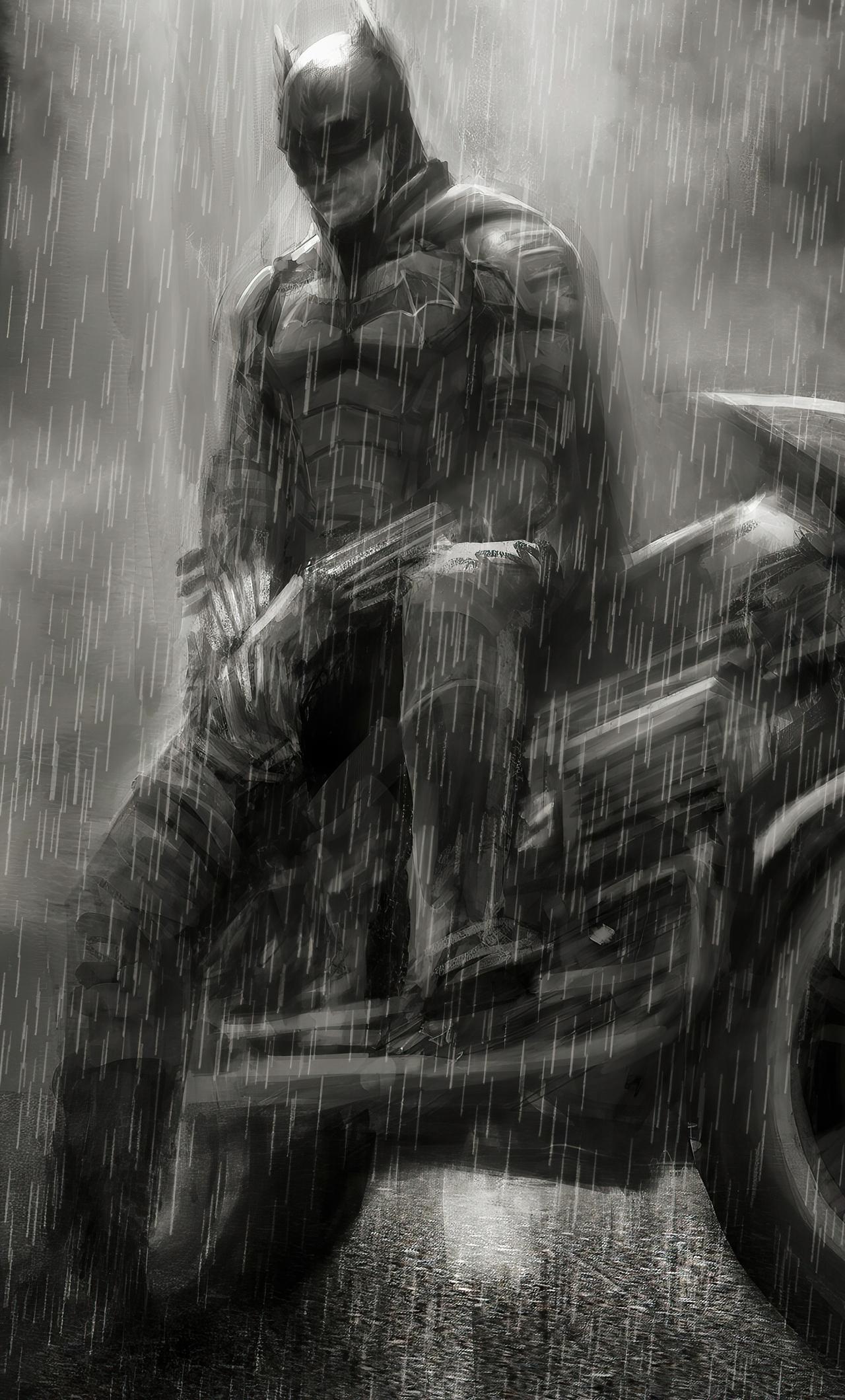 Batman With Bike Raining Monochrome iPhone HD 4k