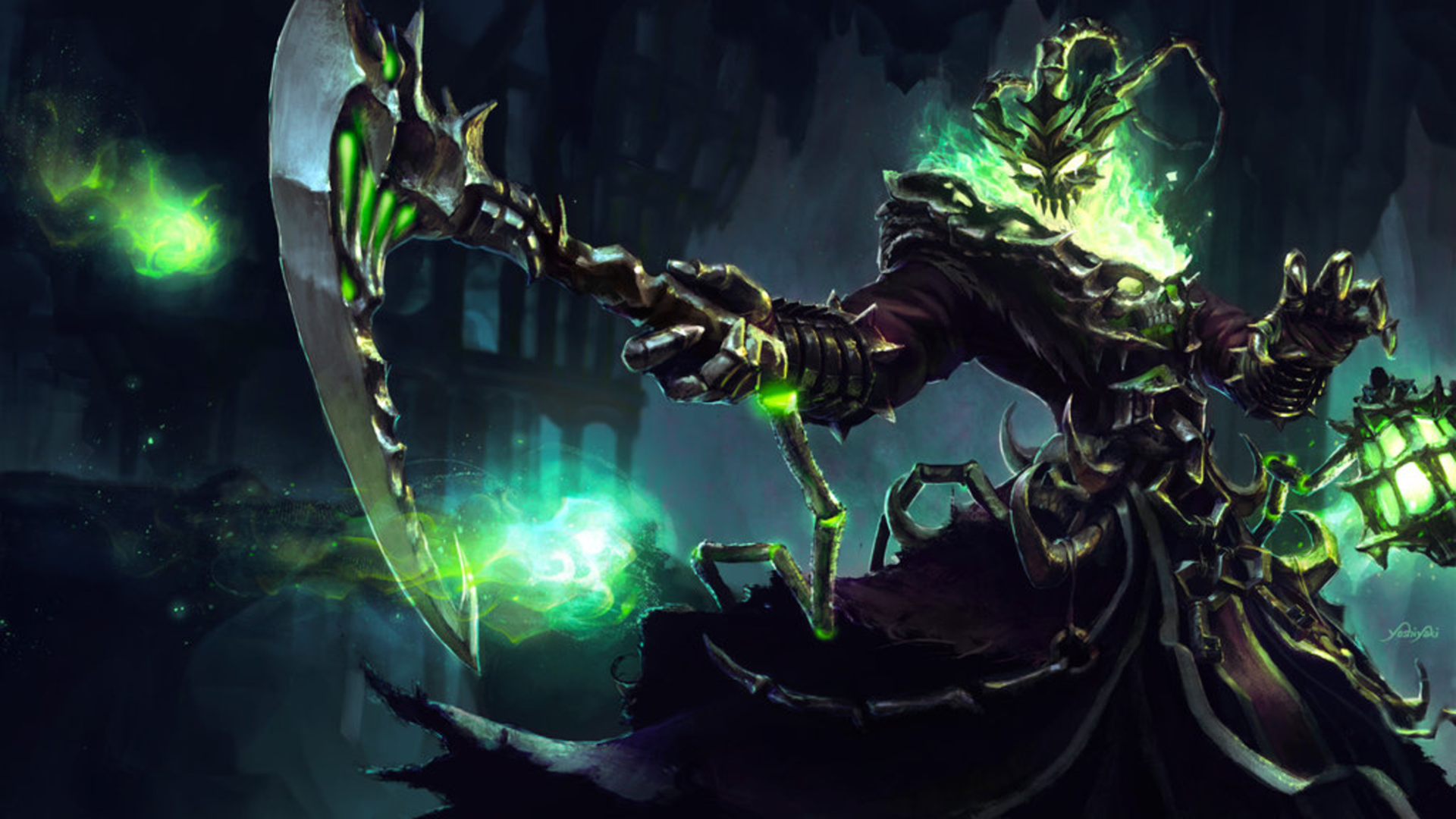 A League of Legends champion, Thresh, wielding his scythe and lantern, surrounded by green spectral energy