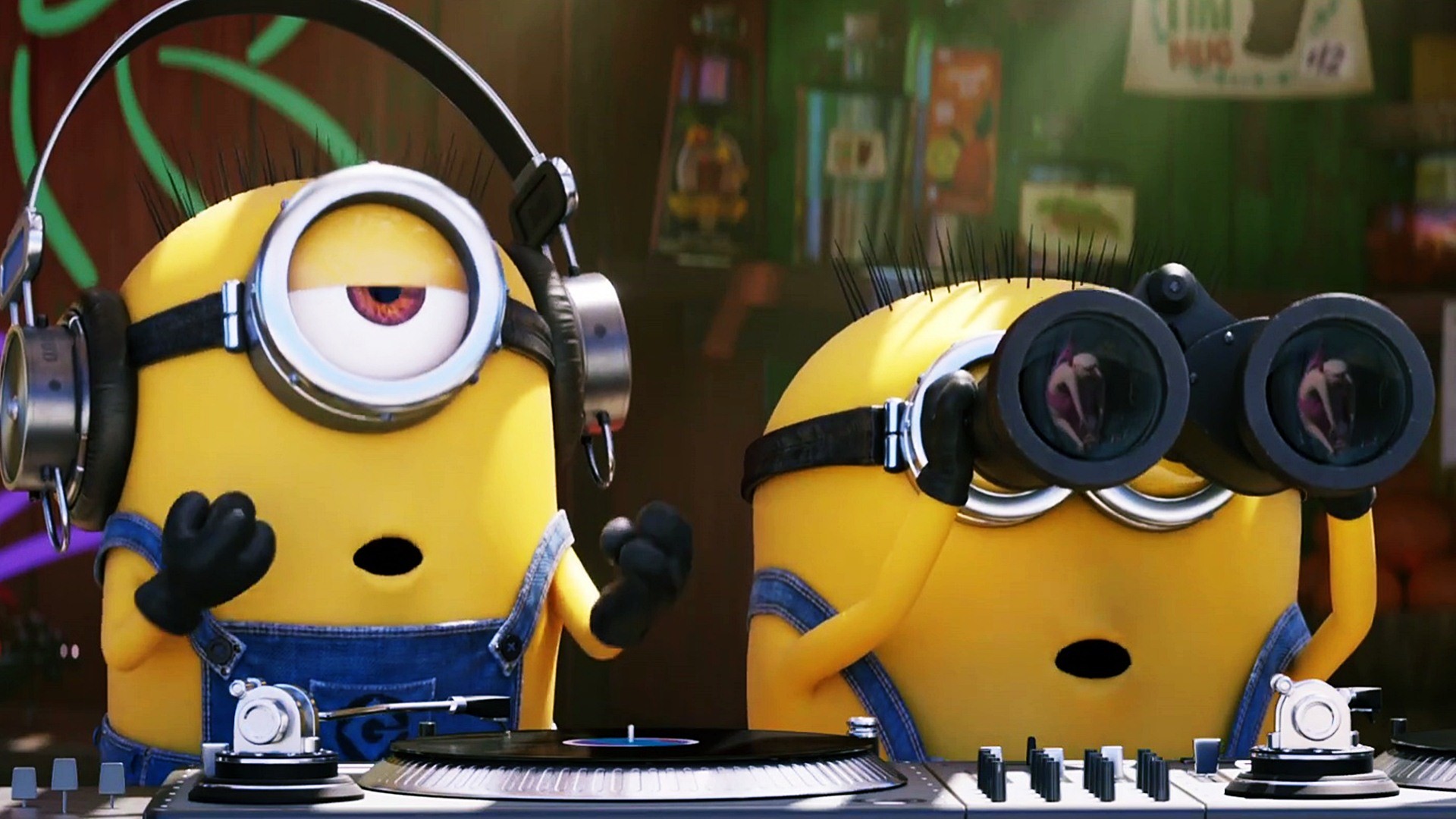 Two Minions DJing: One with Headphones, One with Binoculars