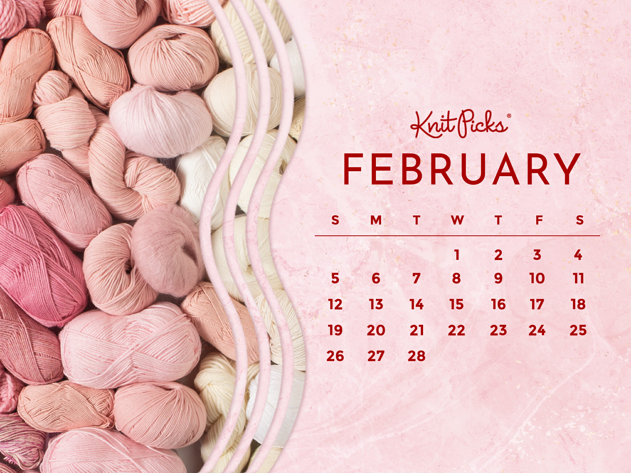 February 2024 calendar with pink yarn background