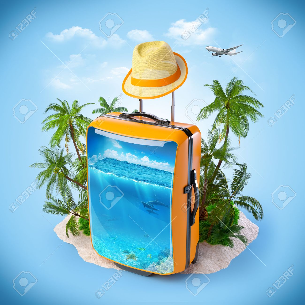 Luggage Suitcase With Ocean Inside Tropical Background Traveling