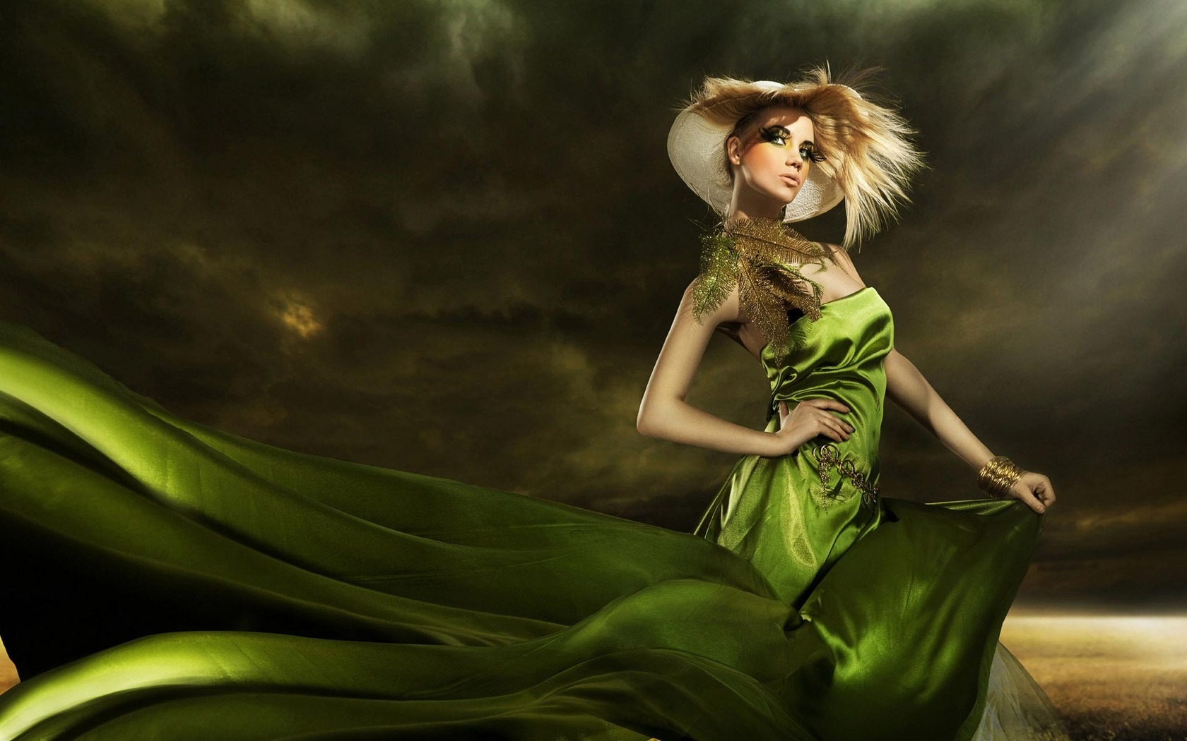 Download Woman in green silk dress 1680x1050 Wallpaper