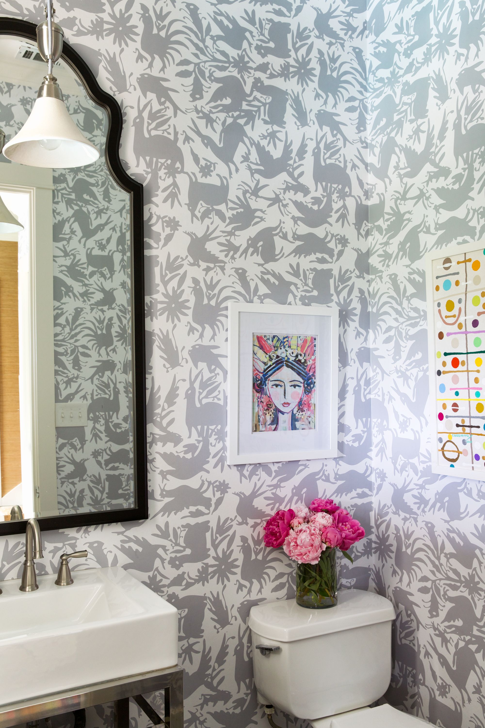 Grey Otomi Wallpaper In A Powder Room Print Guest