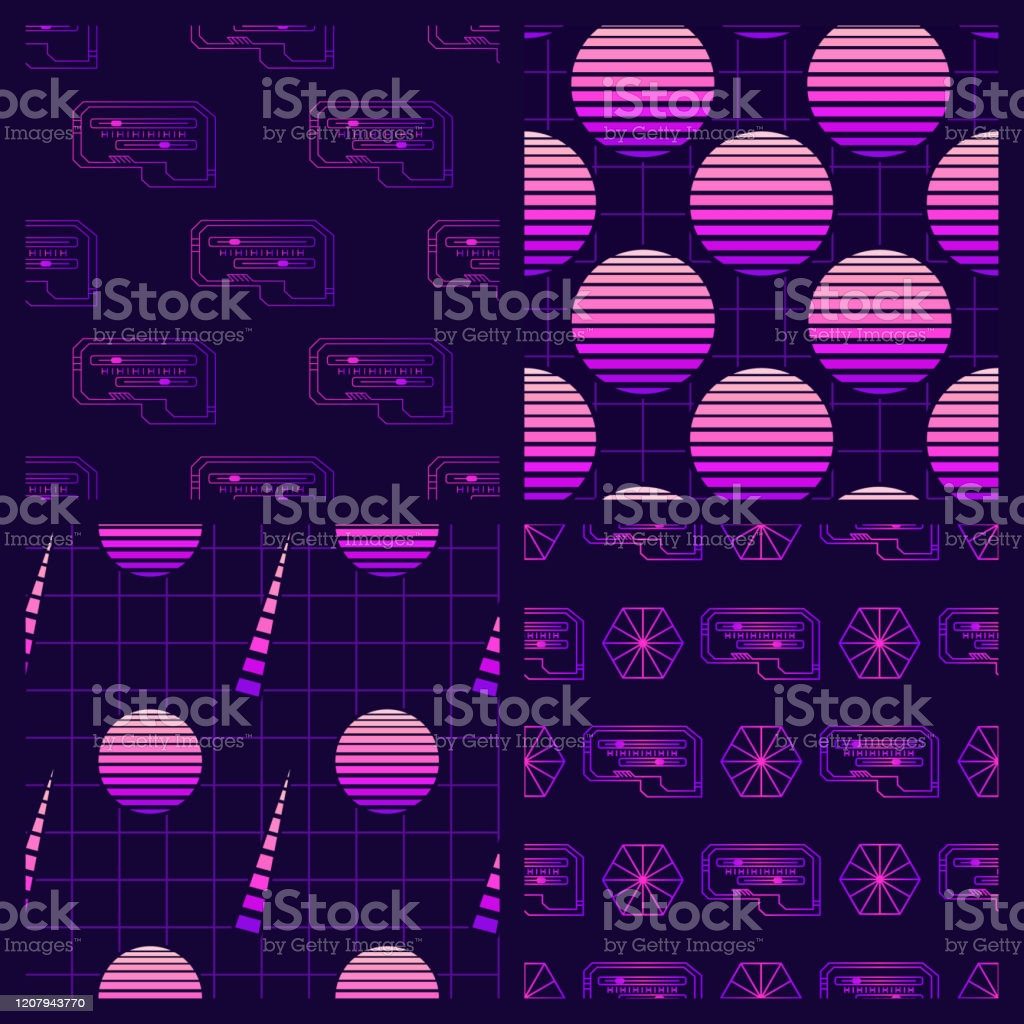 Set Of Abstract Purple Seamless Patterns With Geometric Elements