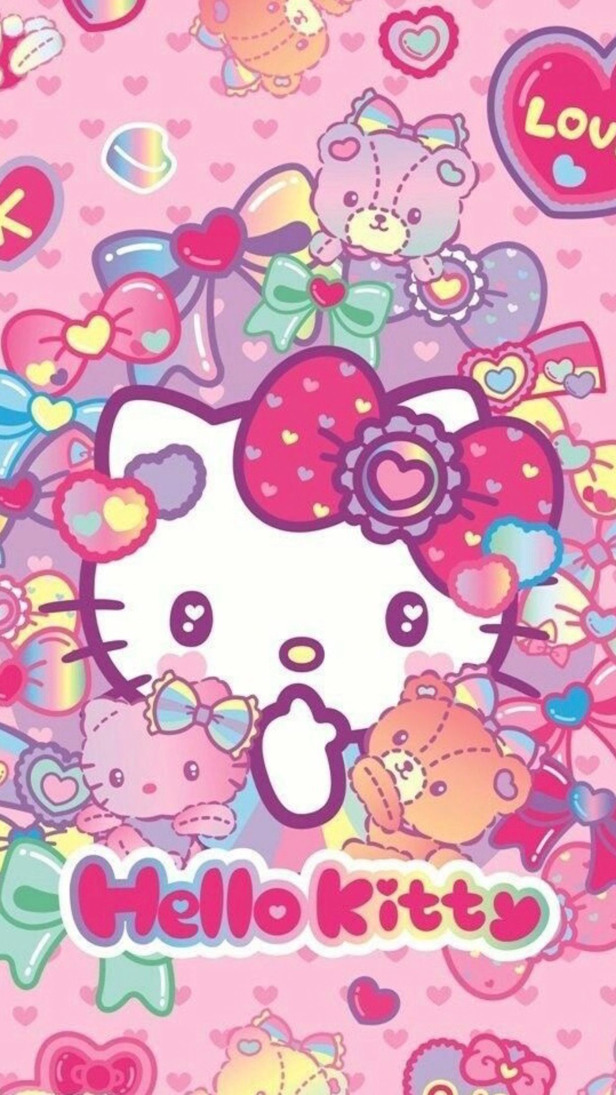 Hello Kitty 4k Wallpaper: Adorable pink background with Hello Kitty, bows, hearts, and teddy bears