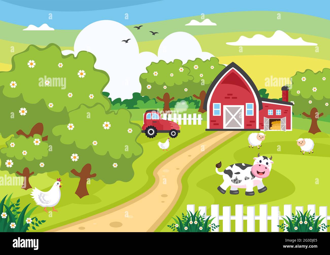 Cute Cartoon Farm Animals Vector Illustration With Cow Horse