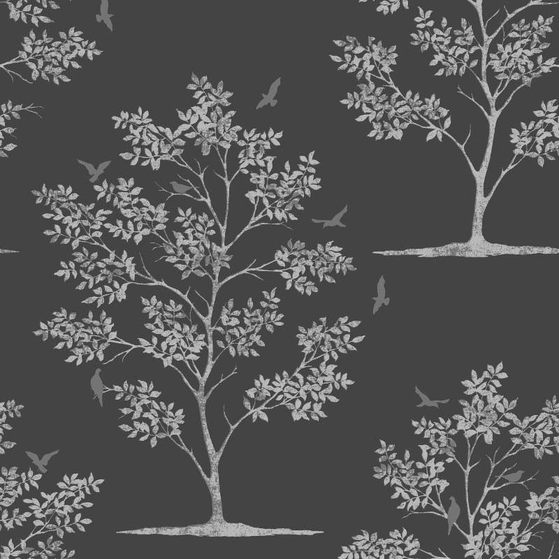 Fine Decor Trees And Bird Wallpaper In Black Silver