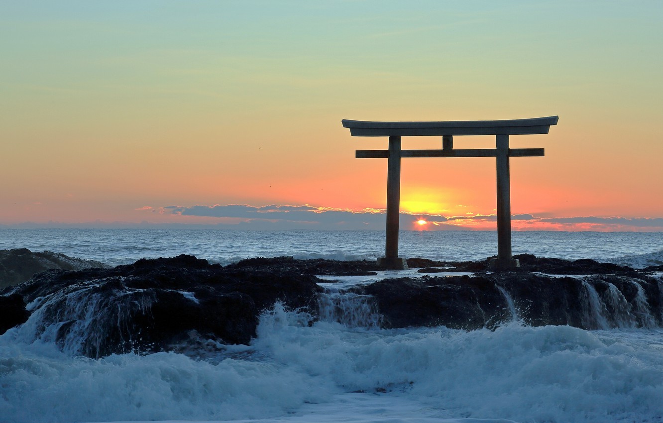 Wallpaper Sea Sunset Gate Japan Surf Torii Image For Desktop