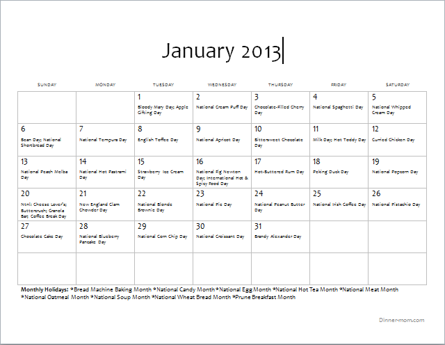 Calendar By Month With Holidays January Food