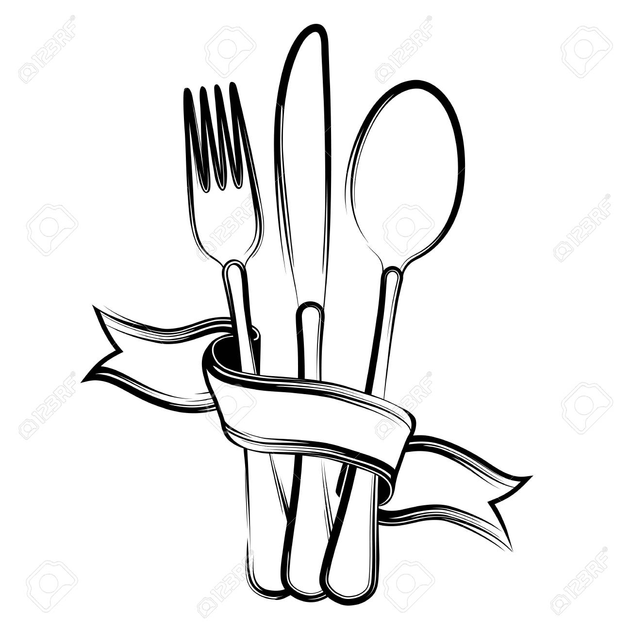 Ribbon Spoon Knife And Fork On A White Background Black