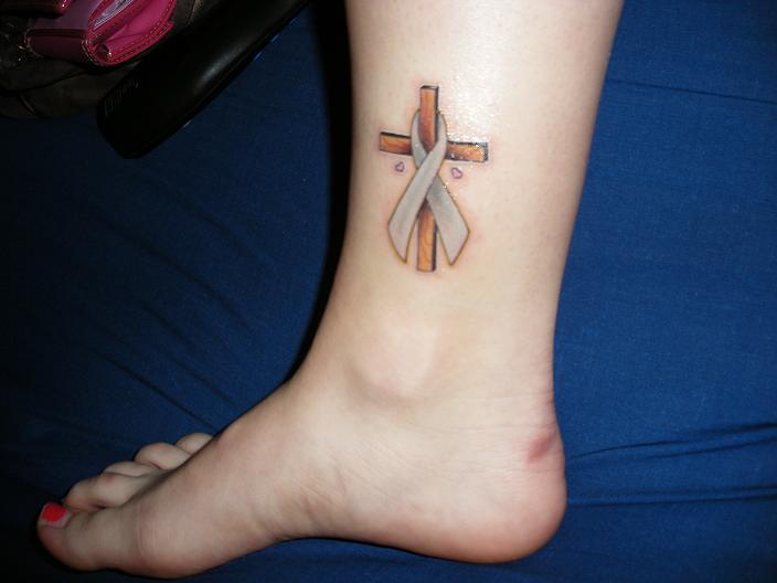 Lung Cancer Ribbon With Cross Tattoo Image