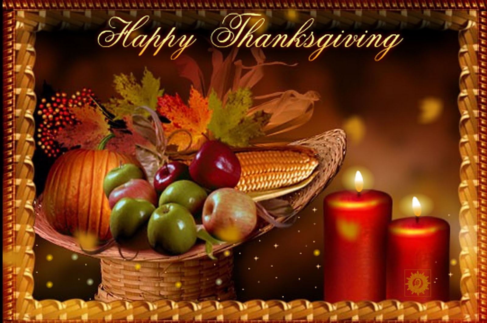 Happy Thanksgiving greeting with cornucopia and candles