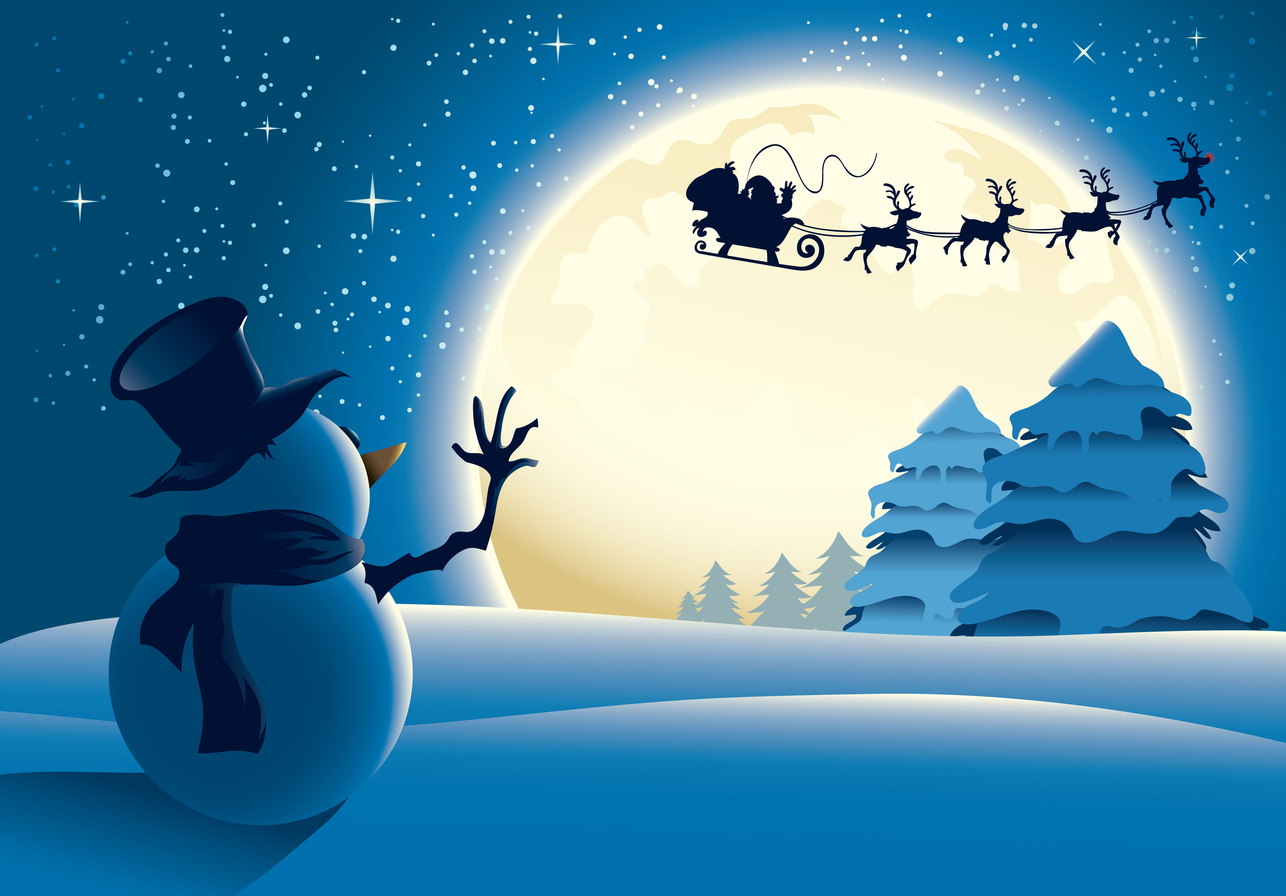 Santa Claus Is Ing Snow Sleigh Snowman Stars Full Moon