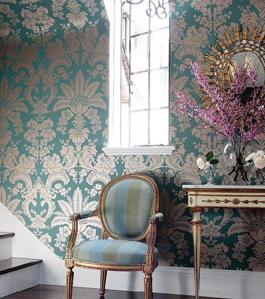 this Addison Damask wallpaper from Thibauts River Road collection