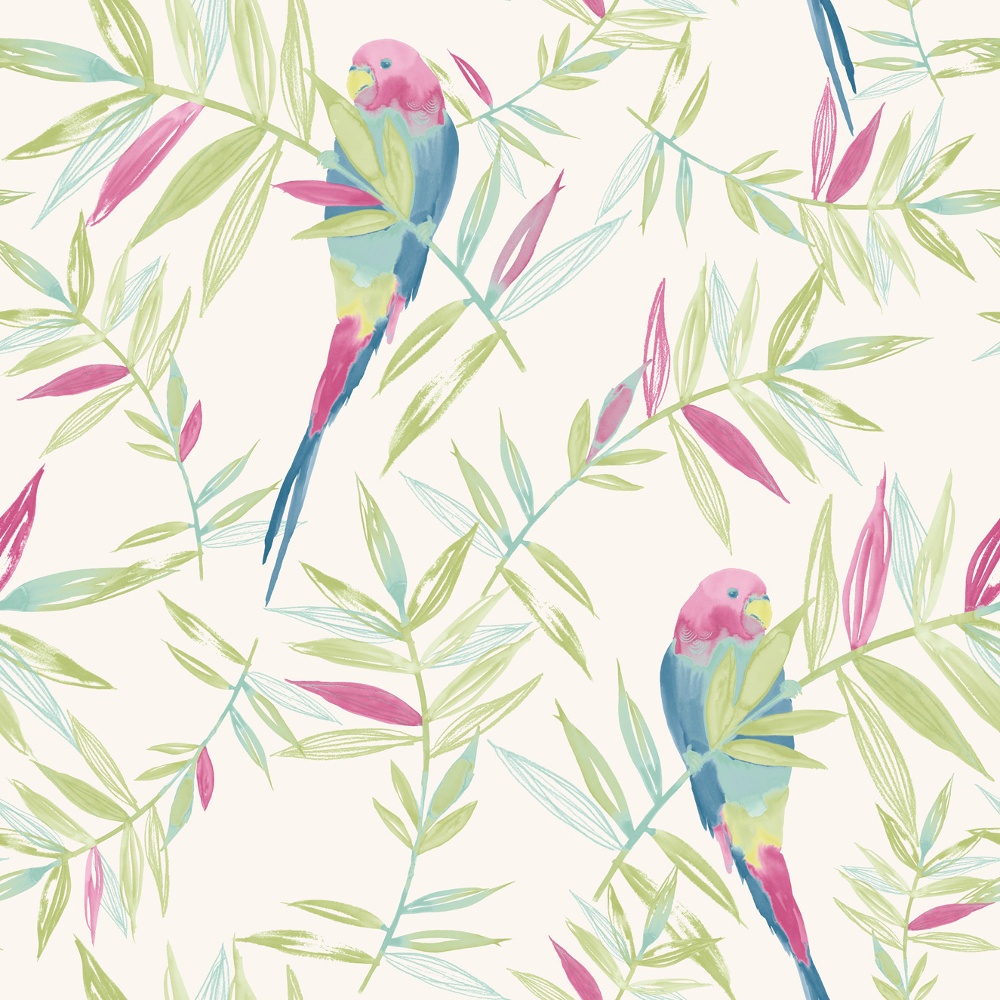  Bird Pattern Tropical Leaf Leaves Painted Motif Wallpaper 209204