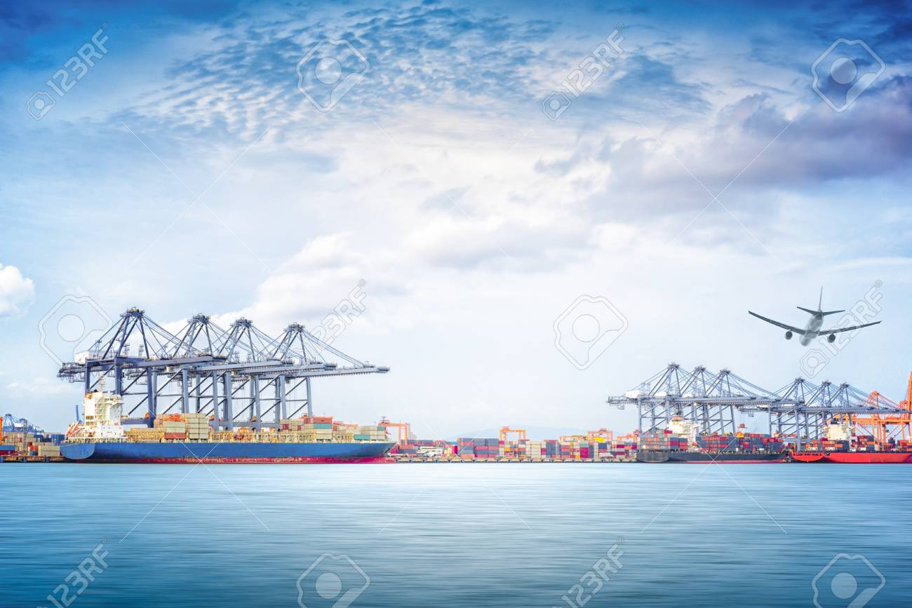 Container Cargo Ship And Plane With Working Crane Bridge