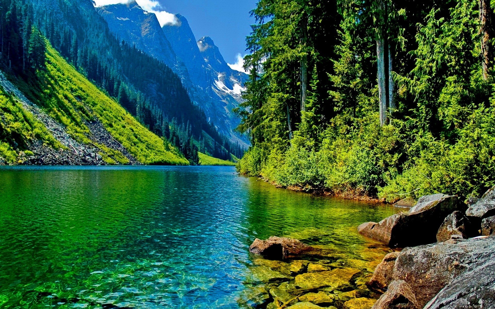 A scenic wallpaper featuring a crystal-clear turquoise lake nestled amidst a lush green forest and towering mountains