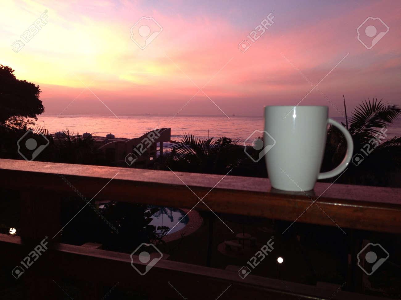 Coffee On The Balcony With Sunrise Stock Photo Picture And