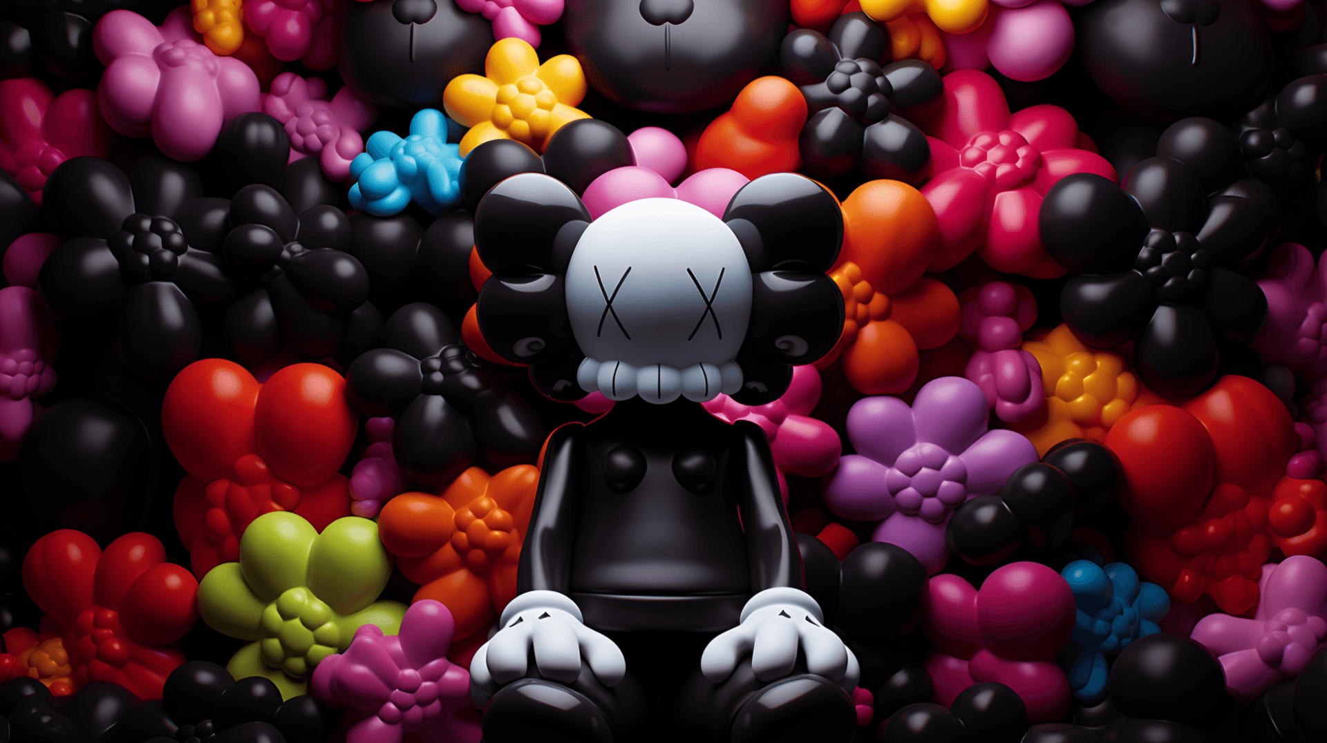 A black Kaws Companion figure sits amidst a vibrant array of colorful flower sculptures, creating a striking contrast