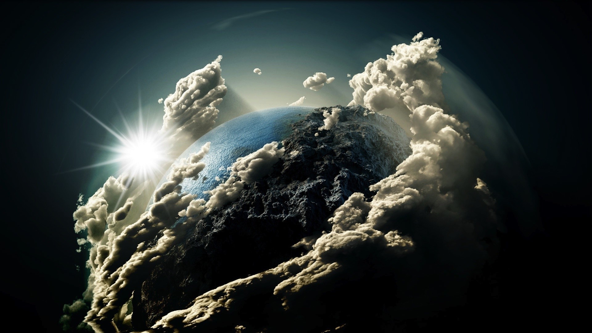 A breathtaking view of a planet partially shrouded in ethereal clouds, with the sun casting a dramatic glow from the side