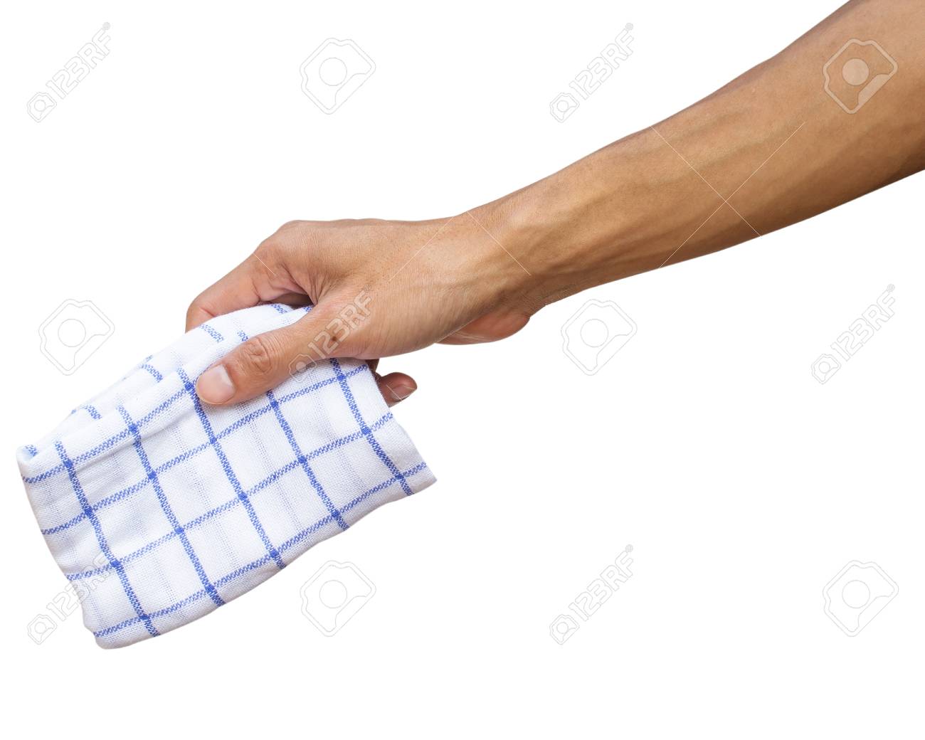 Man Hand Holding Handkerchief Or Table Wipes Isolated On White