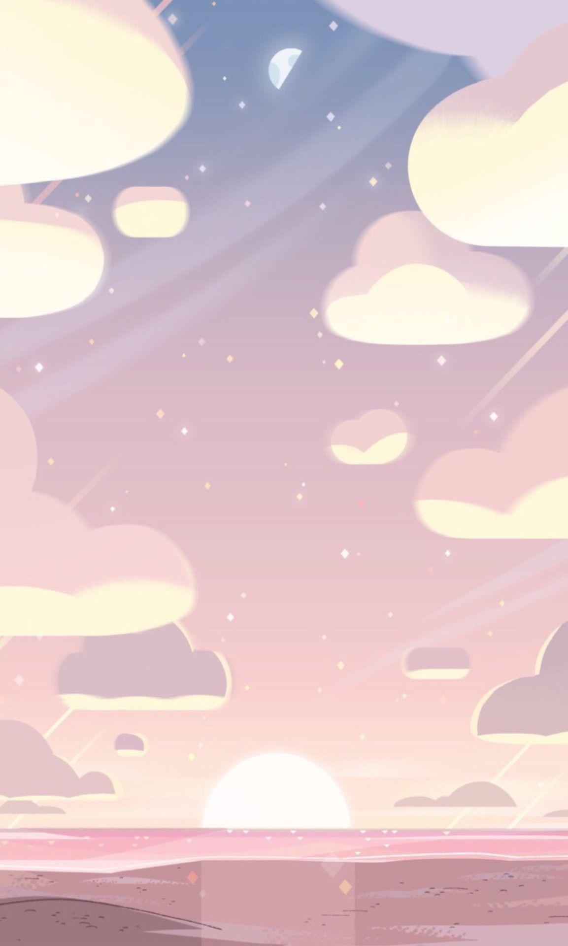 Aesthetic wallpaper iPad showing a cartoon illustration of a sunset with clouds and a star