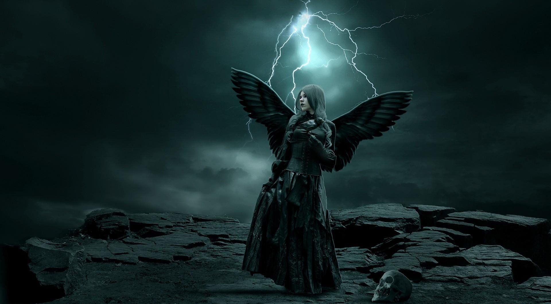 dark horror gothic angel women skull cg digital art lightning storm