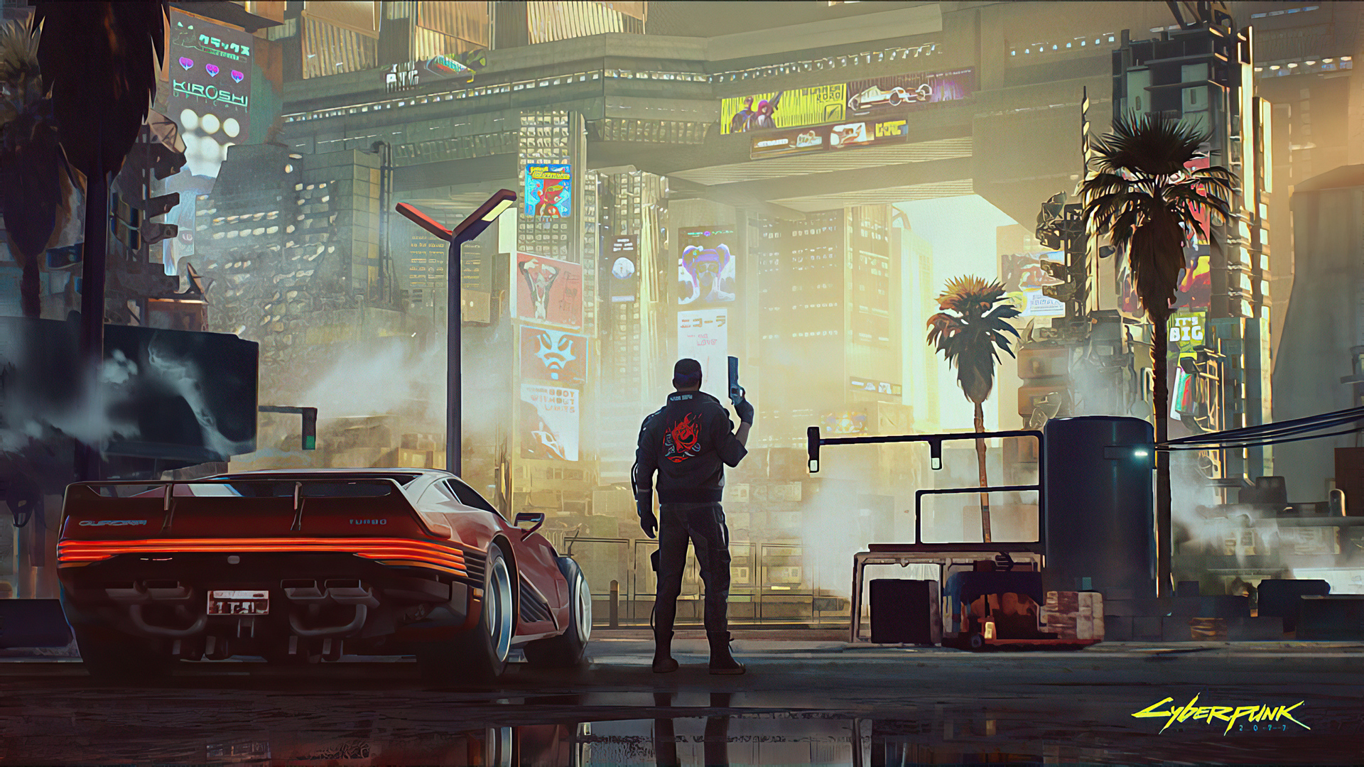 A cyberpunk cityscape at dusk, featuring a futuristic car and a lone figure with a gun
