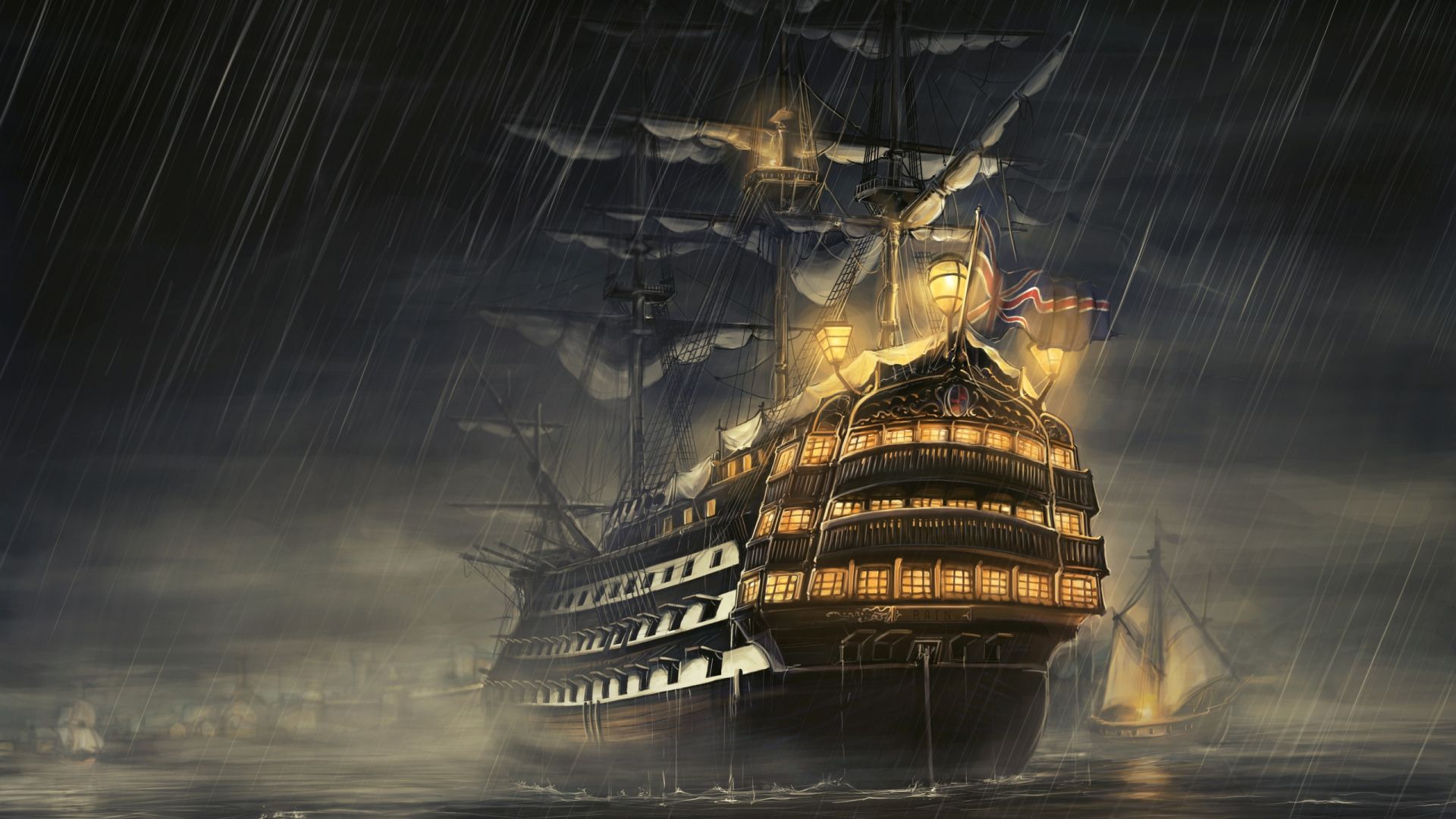 Download Wallpaper 1920x1080 Ships Sea Light Rain Full HD 1080p