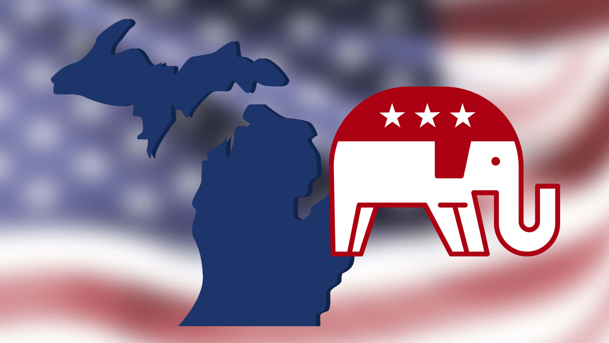 Republican Party logo superimposed on a silhouette of the state of Michigan, with a blurred American flag background