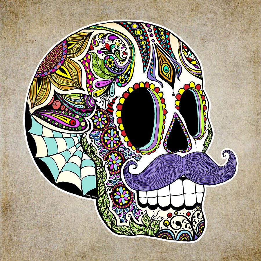 Mustache Sugar Skull Vintage Style Drawing By Tammy Wetzel