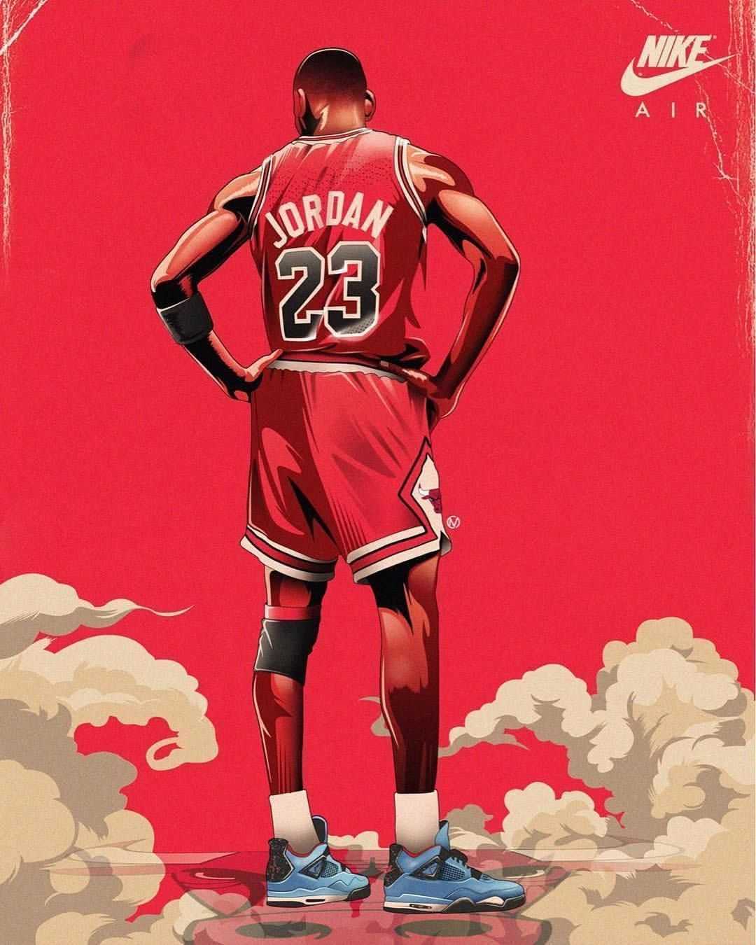 Michael Jordan in a red Chicago Bulls jersey with number 23. He is wearing light blue sneakers