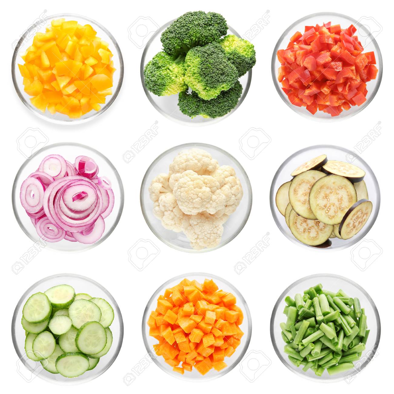 Variety Of Chopped Vegetables On White Background Stock Photo