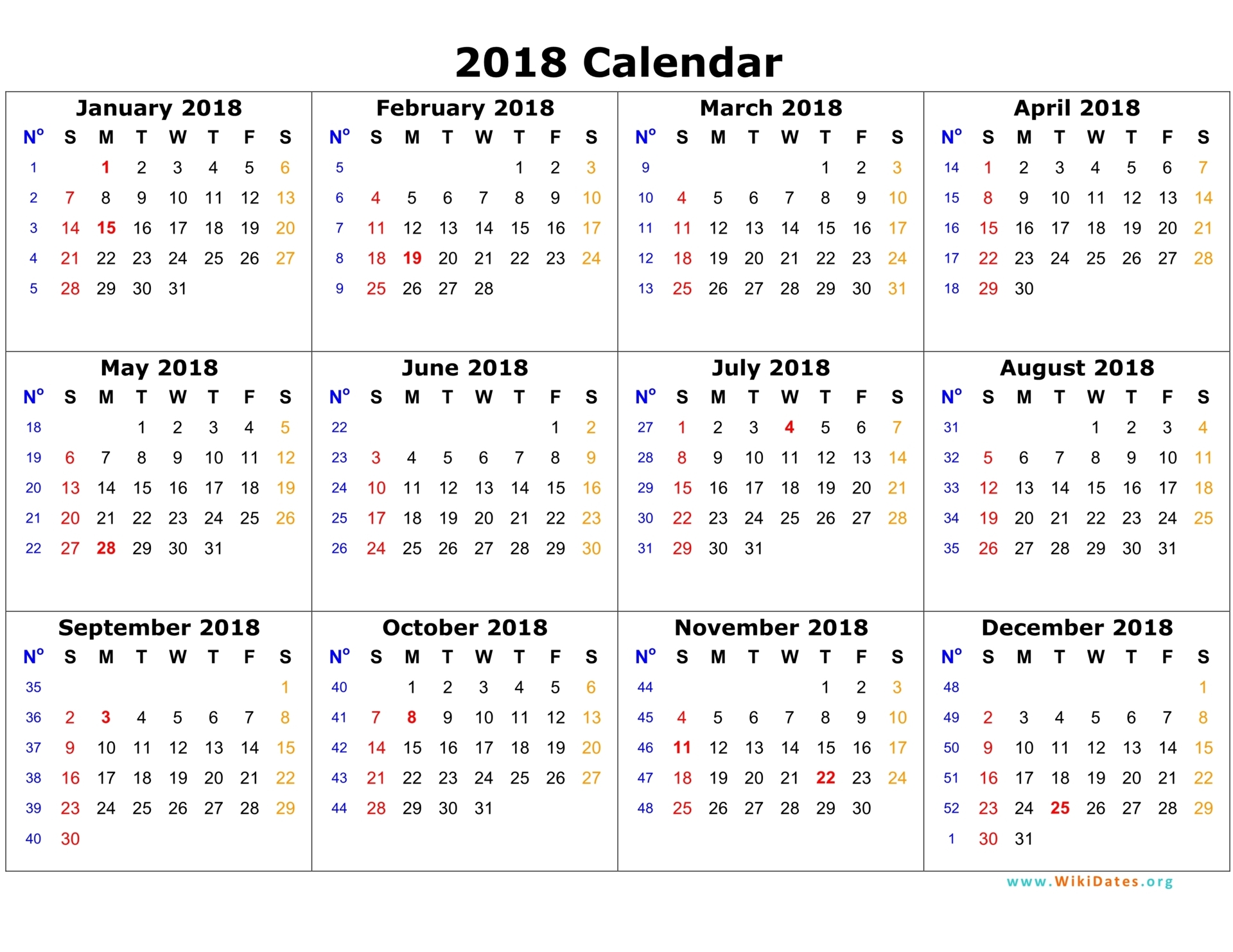2018 Calendar WikiDatesorg