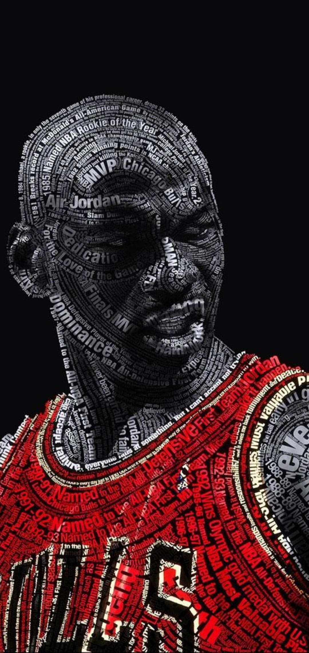 A typographic portrait of Michael Jordan, composed of words and phrases highlighting his career achievements and accolades