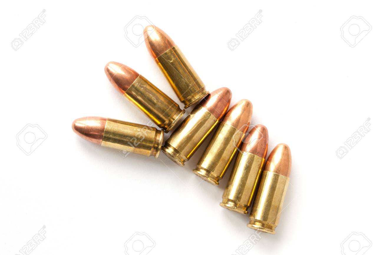 9mm Bullet For A Gun Isolated On White Background Stock Photo