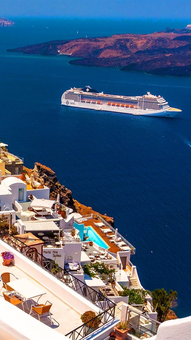 Santorini Greece Houses Sea Ship Sunshine iPhone