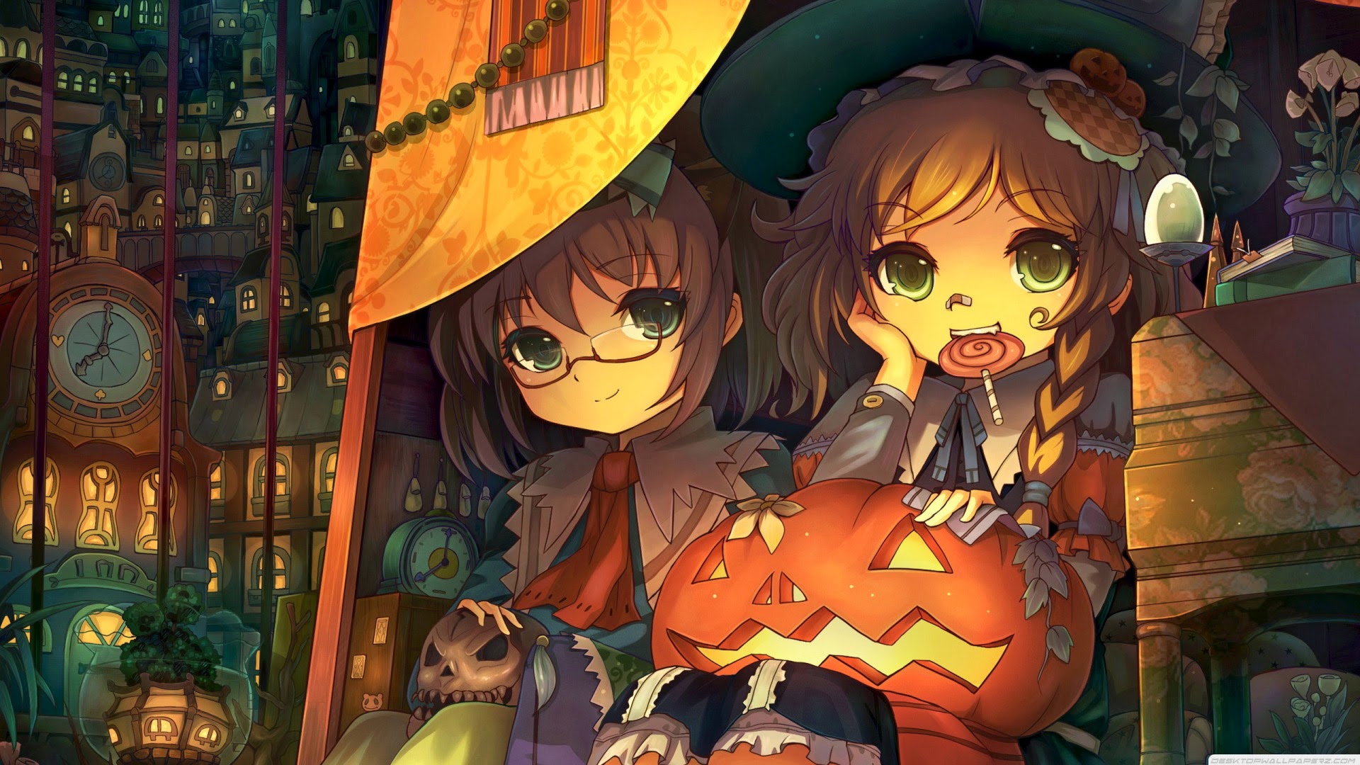 Cute Anime Girls Pumpkin Lantern Halloween Wallpaper HD A160