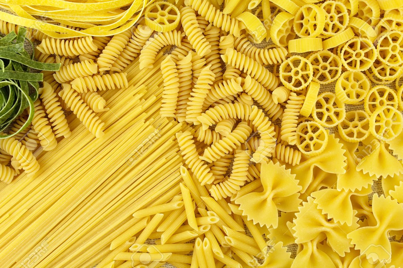 Variety Of Types And Shapes Italian Pasta Dry Background