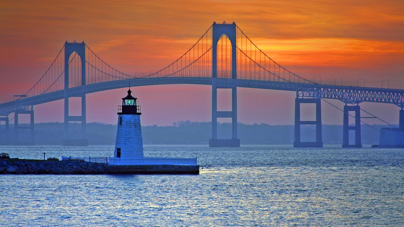  Pell Newport Bridge and Newport Harbor Light in Newport Rhode Island