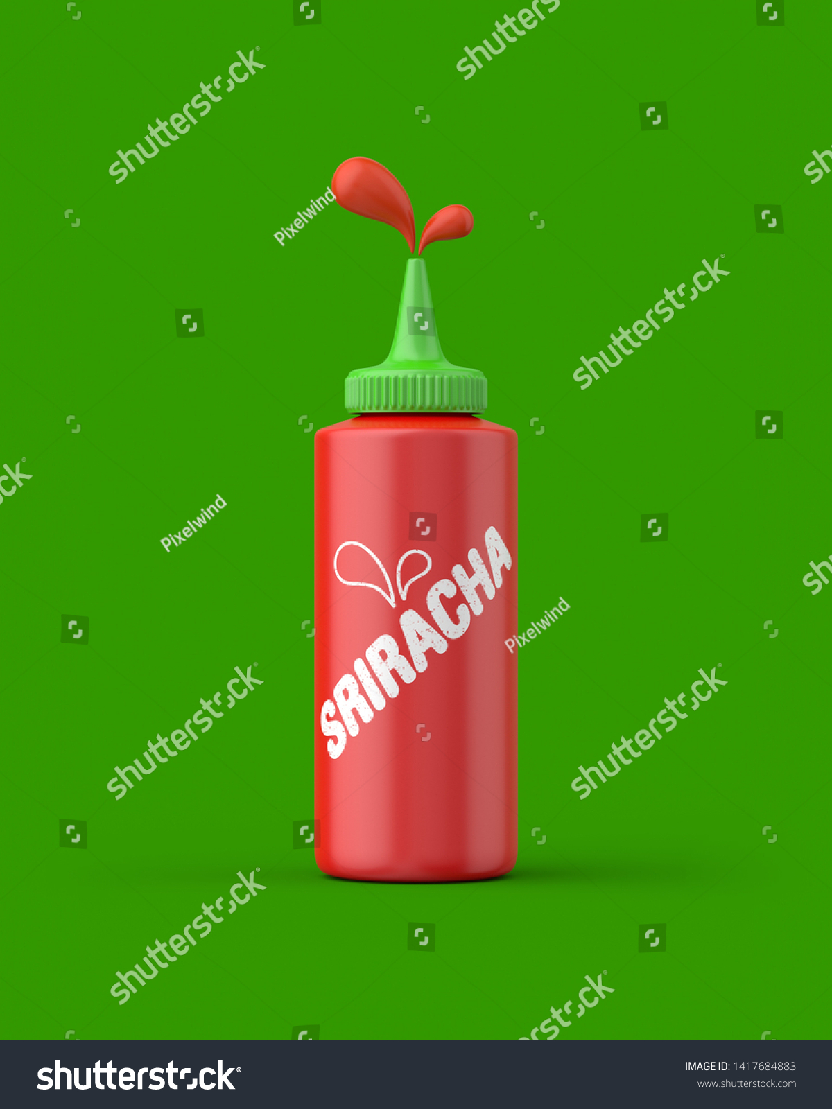 Sriracha Squeeze Bottle Squirting On Green Stock Illustration