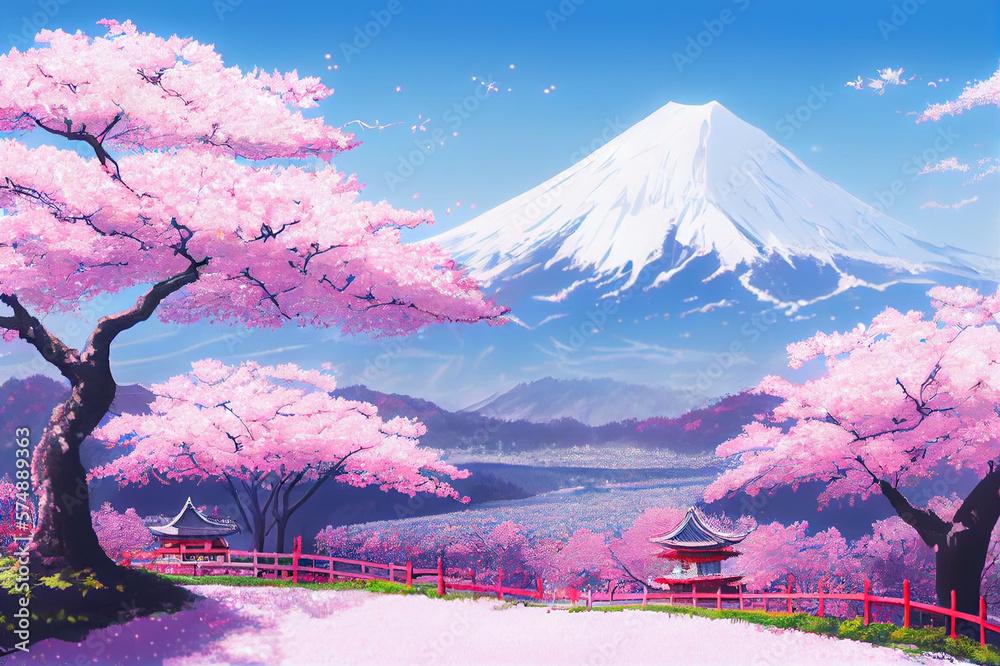 Beautiful Pink Cherry Trees And Mount Fuji In The Background Of