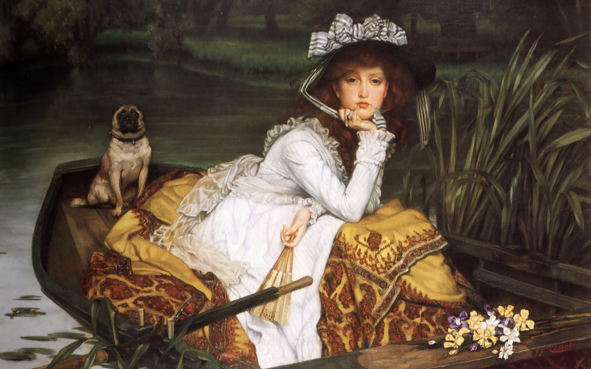 Wallpaper The Painting Girl Dog Boat Theme Miscellanea