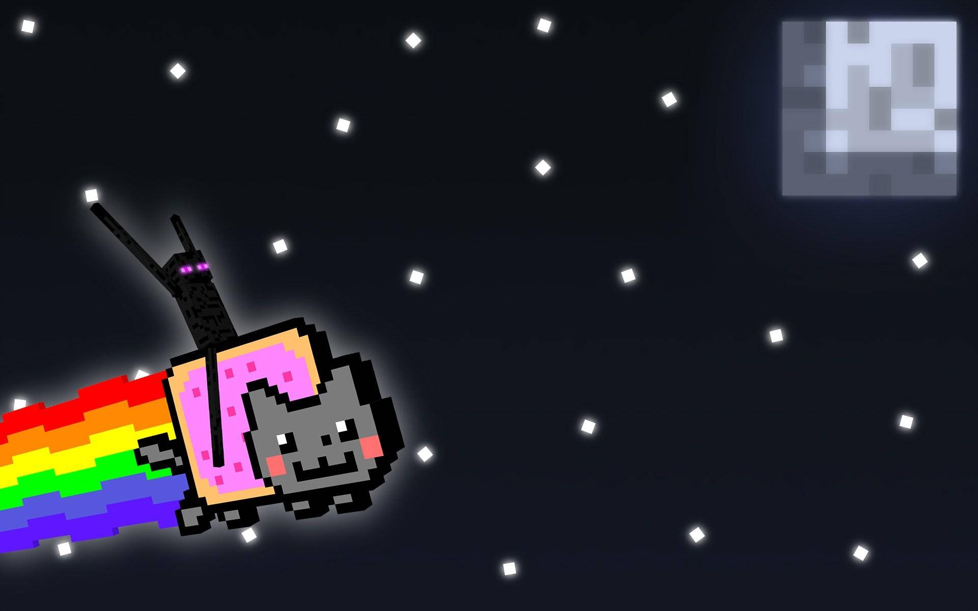 A pixelated Nyan Cat with a Minecraft Enderman riding on top, soaring through a starry night sky with a pixelated moon in the background. This funny wallpaper combines elements of popular internet memes and the Minecraft game