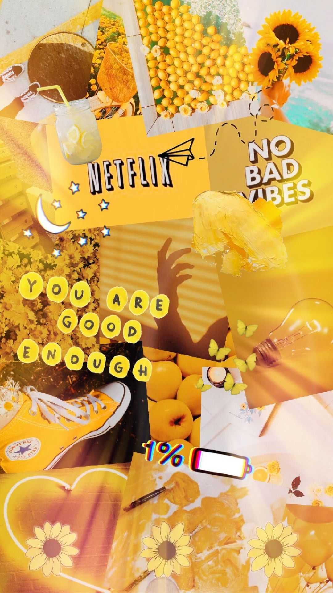 A collage of various yellow-themed images, including lemons, sunflowers, a lemonade drink, and text that reads 'Netflix' and 'No Bad Vibes'