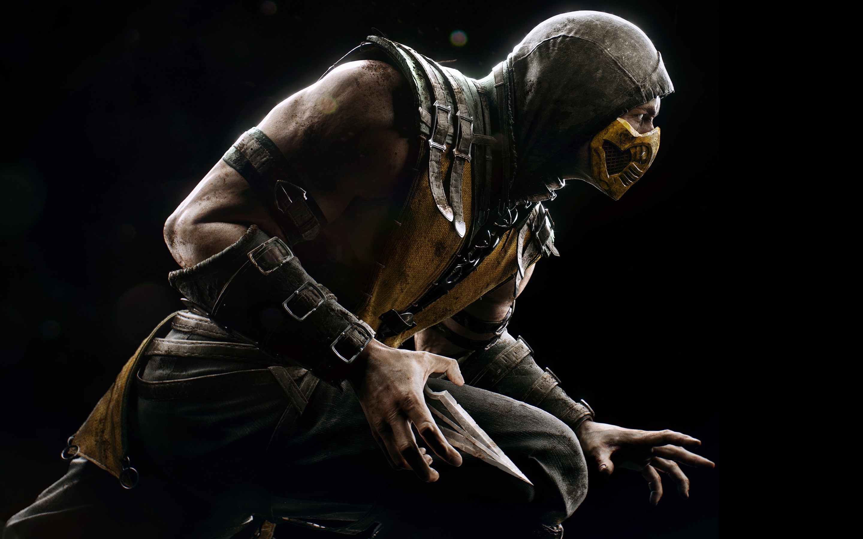 Scorpion from Mortal Kombat crouching in a dark setting